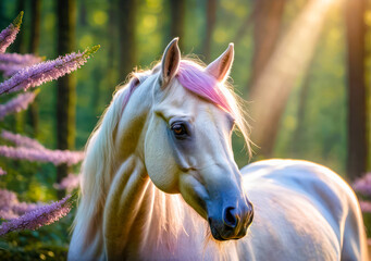 Portrait of horse in field with pink flowers.