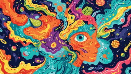 Psychedelic Art - Editable - Vector Flat Illustration - Fractal Fantasia - A Psychedelic Journey Through Swirling Colors.