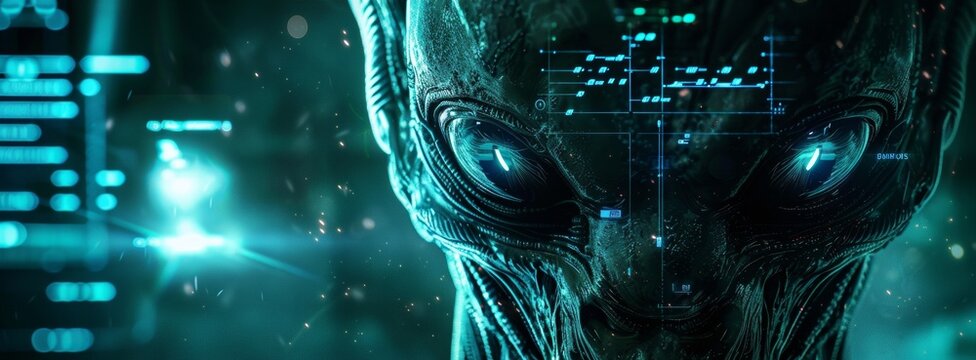 Futuristic alien interface with glowing eyes