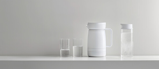 Modern electric blender with splashes of clear water on a simple white background with copy space. Advertising banner of kitchen appliances.