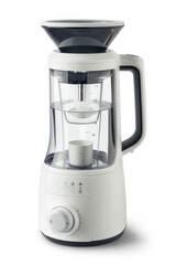 Modern electric blender with splashes of clear water on a simple background with copy space. Advertising banner of kitchen appliances.
