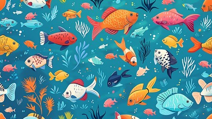 Fish and aquatic pets in a seamless pattern, soothing aqua background, perfect for an aquarium magazine cover, from below