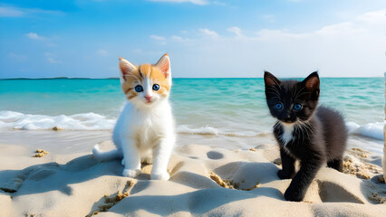 Naklejka na ściany i meble Adorable kittens are hanging out at the beautiful beach AI generated