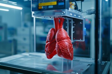 Red human lungs model being created by a 3D printer in a laboratory