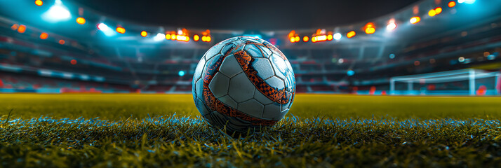 A worn-out soccer ball sits center field under stadium lights, exhibiting a grungy texture against...