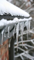 Icicles formed on roof edge from frozen water dripping, winter season natural ice formation