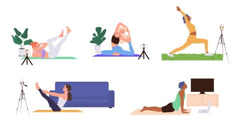 Pilates blog set with diverse people trainer cartoon characters demonstrating various exercises