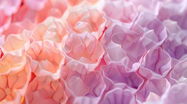 A serene photograph showcasing a pattern of overlapping hexagons with soft edges, rendered in a pastel color palette emphasizing shades of lilac and peach