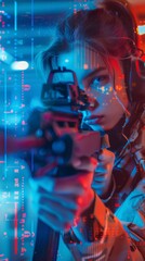 Young girl aiming with a futuristic rifle with digital HUD elements