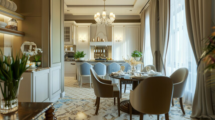  dining room and the kitchen at the back . Interior design