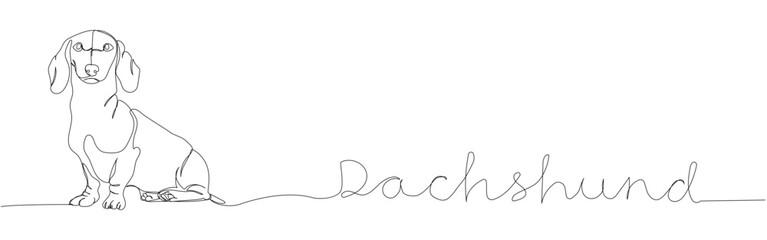 Dachshund short-haired, Teckel, dog breed, companion dog, hunting dog one line art. Continuous line drawing of friend, doggy, friendship, family, canine with inscription, lettering, handwritten.