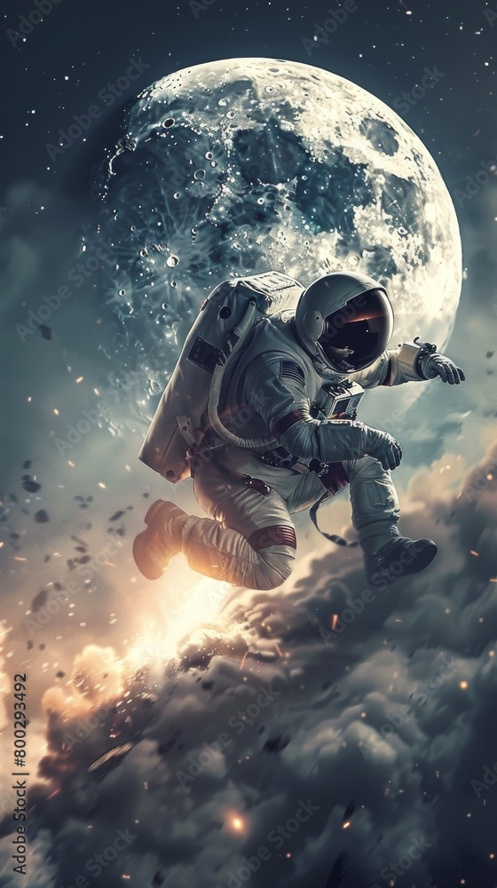 Poster astronaut escaping from a fiery explosion on a rocky moon