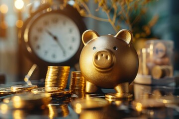 Golden piggy bank on a pile of coins with an antique clock in the background