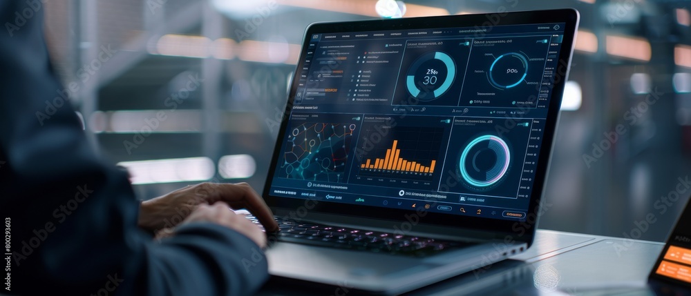 Poster laptop displaying colorful data analytics charts
