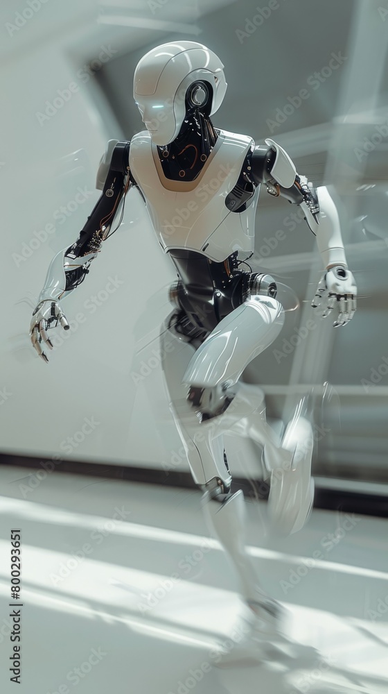 Poster futuristic white humanoid robot running dynamically in a sleek modern environment