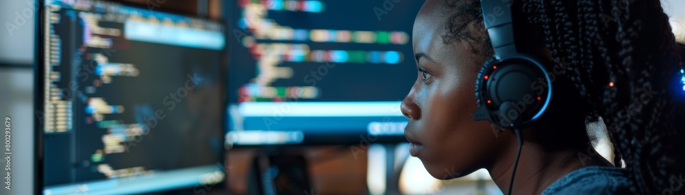 Aufkleber female programmer working late at multi-monitor workstation