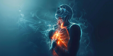 Sternal Fracture: The Chest Pain and Difficulty Breathing - Visualize a person holding their chest with a grimace, indicating pain and tenderness in the sternum - obrazy, fototapety, plakaty