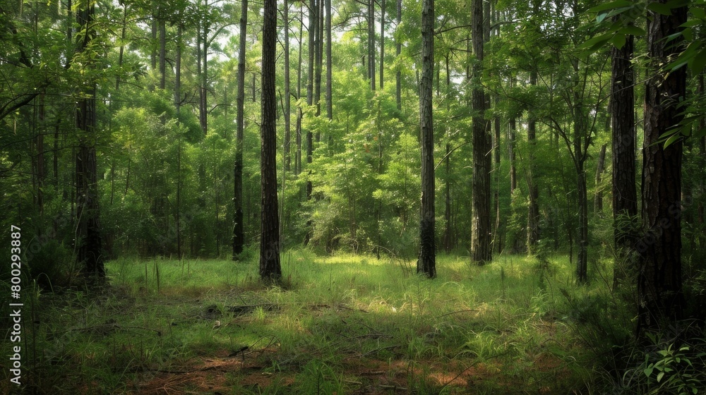Poster a dense forest dominated by a multitude of lush green trees, creating a thick canopy overhead. the t