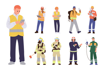 Diverse people worker isolated cartoon characters wearing safety reflector clothes and hardhat