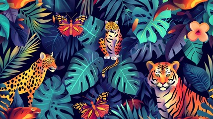 Seamless jungle animal pattern, vibrant color background, perfect for a lively magazine cover, top view