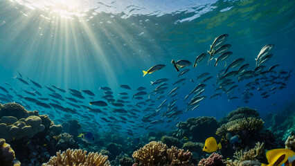 Fototapeta na wymiar Underwater view of a school of fish swimming in the red sea