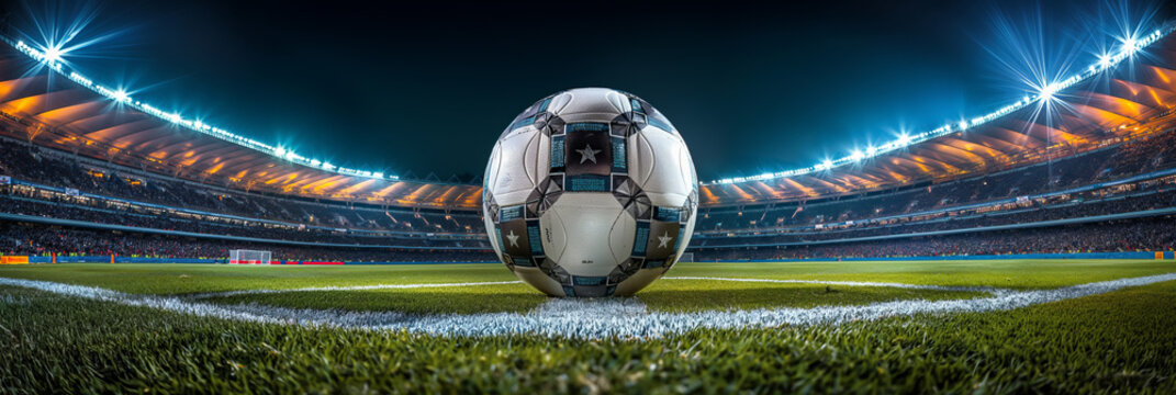 A centered soccer ball on the field under the illuminating lights of a packed stadium creates a dynamic scene