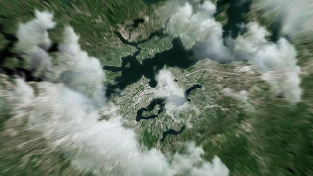 Zooming on Seattle, US. Earth zoom in from outer space to city. The animation continues by zoom out through clouds and atmosphere into space. View of the Earth at night. Images from NASA. 4K