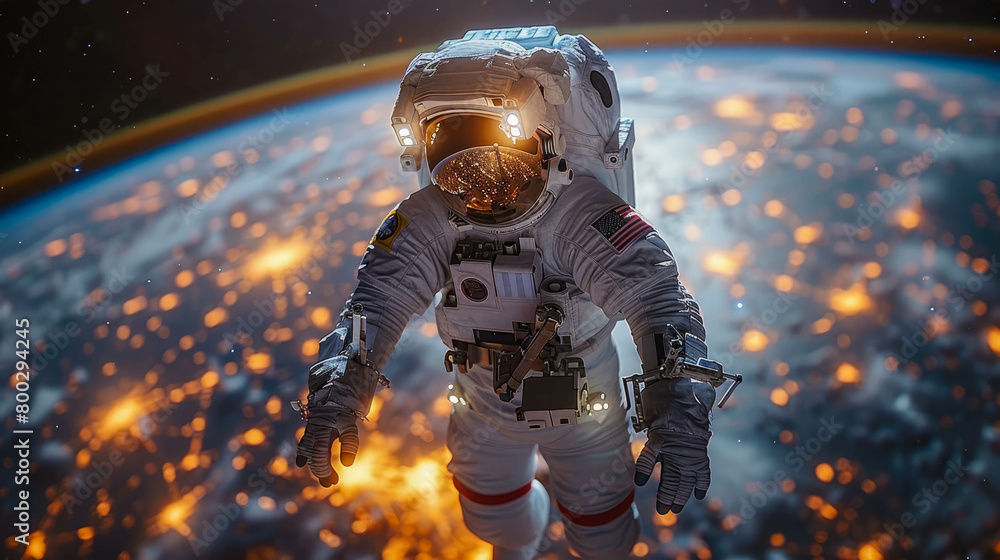 Poster astronaut in outer space spaceman do spacewalk while working for station