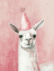 Naklejka premium Minimalist Watercolor Llama Celebrating in Style with Party Hat