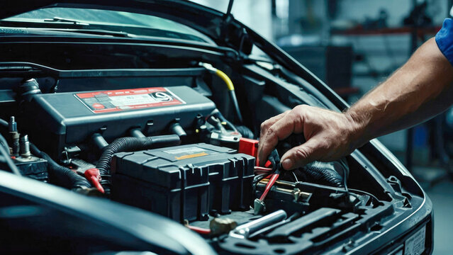 Auto mechanic checking car battery in auto repair shop. Car service
