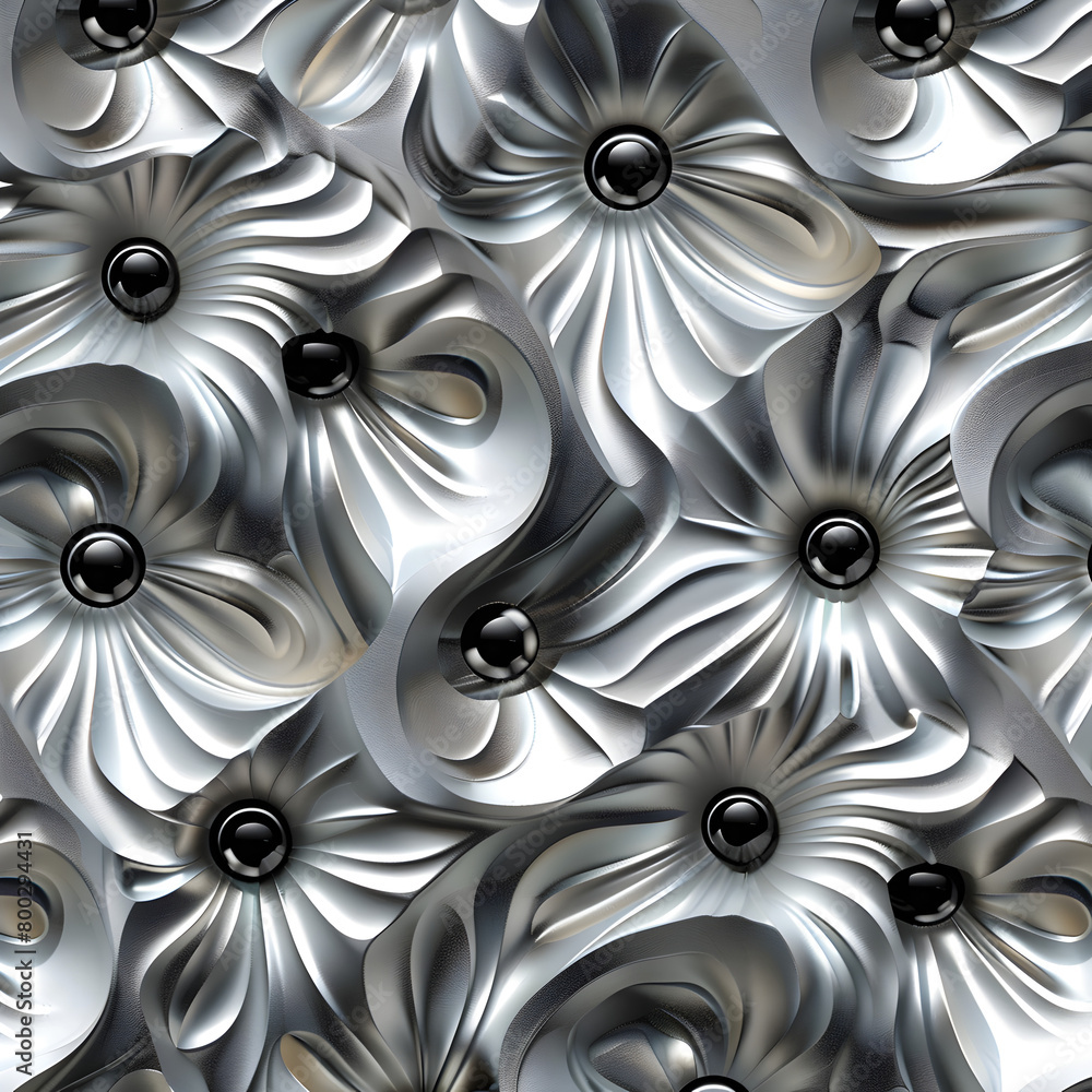 Poster a silver and black flower pattern with many small black dots. the pattern is very intricate and deta