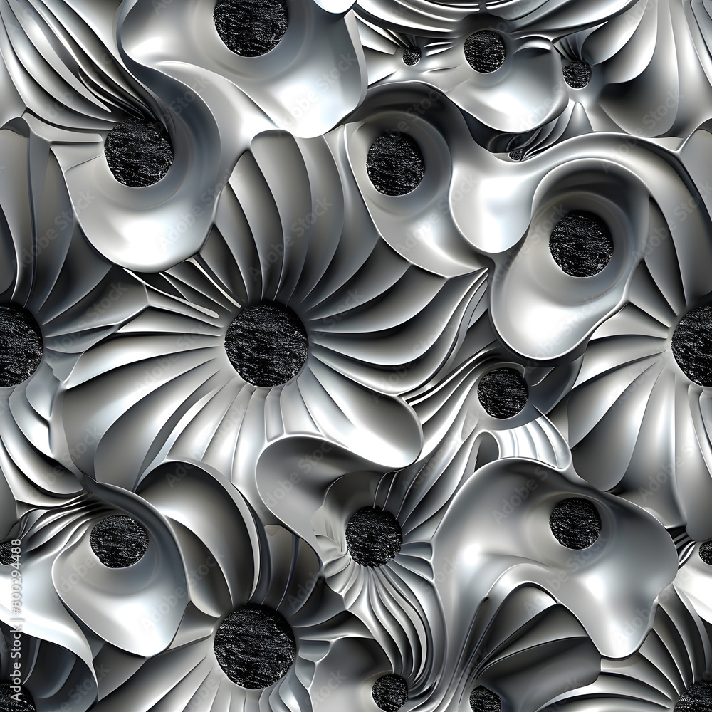 Poster a silver and black flower pattern with many small black dots. the pattern is very intricate and deta