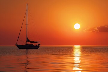 Fototapeta premium Sailing boat in a coral sunrise