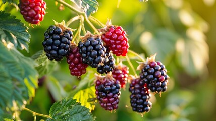 Blackberries grow in the garden. Ripe and unripe blackberries on bush Generative AI,