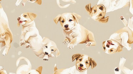 Seamless pattern of playful puppies, warm beige background, delightful for a dog lovers magazine cover, eyelevel angle