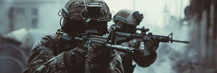 Soldiers in Tactical Defensive Position Weapons Primed in Urban Warfare Setting