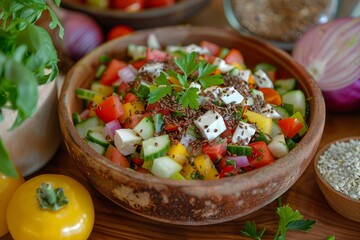 Salad with raw vegetables cheese and flax seeds on table Focus on dish