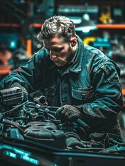 Fototapeta na wymiar Skilled Mechanic Repairing Car Engine in Industrial Garage Workshop