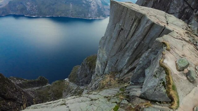 Dynamic Aerial view of The Pulpit Rock, (Preikestolen or Hyvlatonnå), Norway