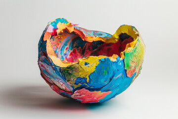 A colorful abstract sculpture of the Earth made of resin and acrylic paints.