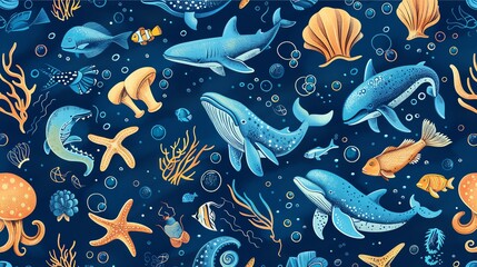 Underwater creatures pattern, seamless design, deep blue background, suitable for a nature magazine cover, from above