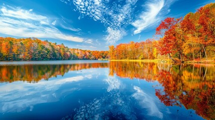 Vibrant Autumn Foliage Reflecting in Tranquil Lake with Wispy Clouds in Blue Sky