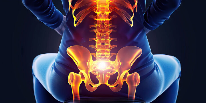 Coccyx Fracture: The Tailbone Pain and Discomfort - Imagine a person sitting uncomfortably, with a highlighted coccyx area, indicating pain and tenderness in the tailbone