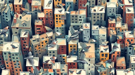 Urban pets like pigeons and squirrels in a seamless pattern, cityscape gray background, unique urban wildlife magazine cover, topdown perspective