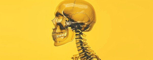 Side view of a human skull and spine on a yellow background