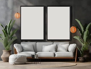 minimalist style children's study room apartement space morningday with black walls,green plants, cozy sofa with Interior Mockup with three white photo frame in the background