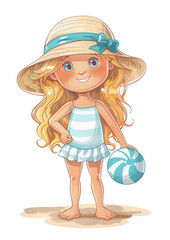 little cute girl in summer clothes, straw hat with a ball on a white background, illustration, beach, child, kid, children, childhood, baby, swimsuit, character, cartoon, art, drawing, toy, play, game