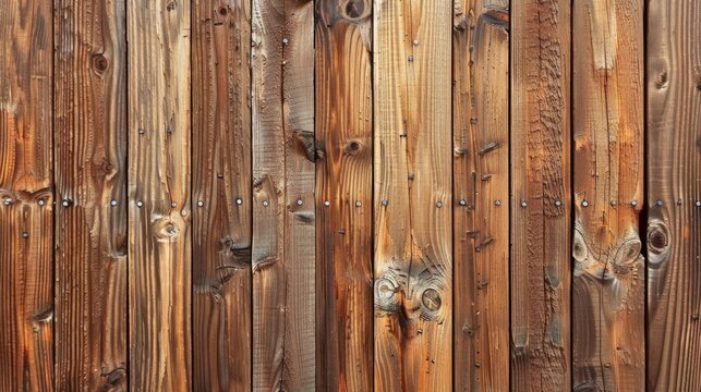 A wooden fence with vertical planks showcasing the natural knots and whorls in the wood..