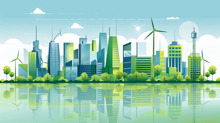 A green city with skyscrapers, windmills and a river.