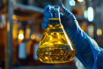 Scientist checks quality of engine oils in lab with flask of yellow liquid